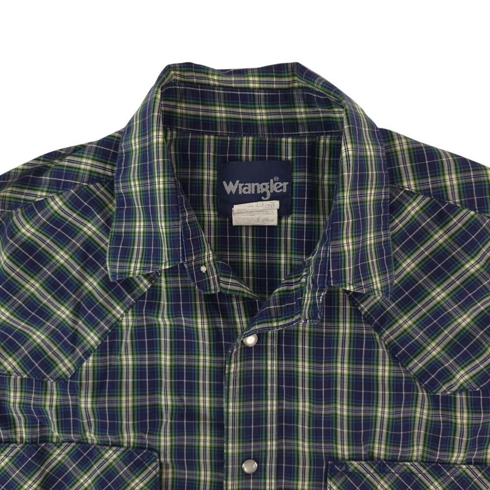 Wrangler Western Shirt Mens M Green Blue Plaid Pearl Snap Long Sleeve Cowboy